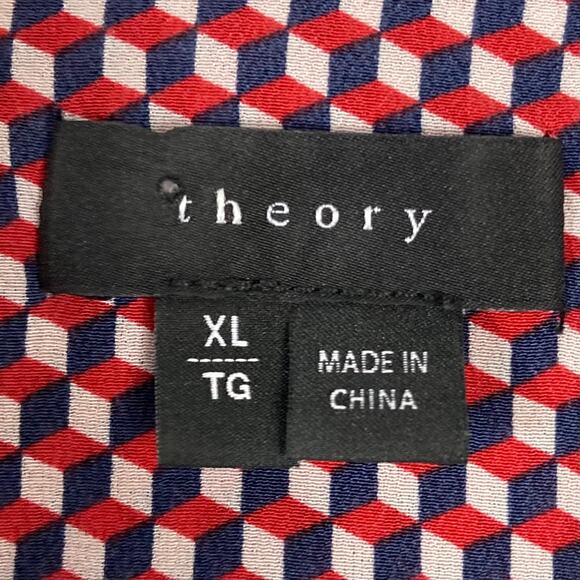THEORY Button Shirt Women XL Silk Multi-Red Geo-Print Pocket Long-Slv “Rogene” - Picture 4 of 13